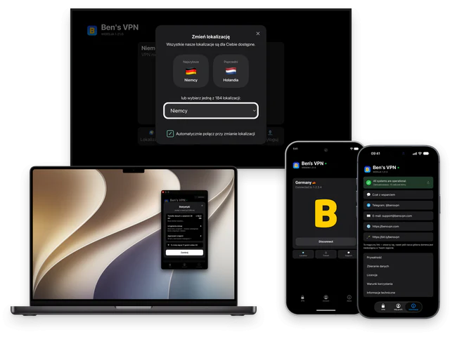 Cztery urządzenia z aplikacją Ben's VPN: telewizor z oknem Zmień lokalizację, MacBook z ekranem Statystyki, telefon z Androidem połączony z Niemcami i iPhone z ekranem Wsparcie