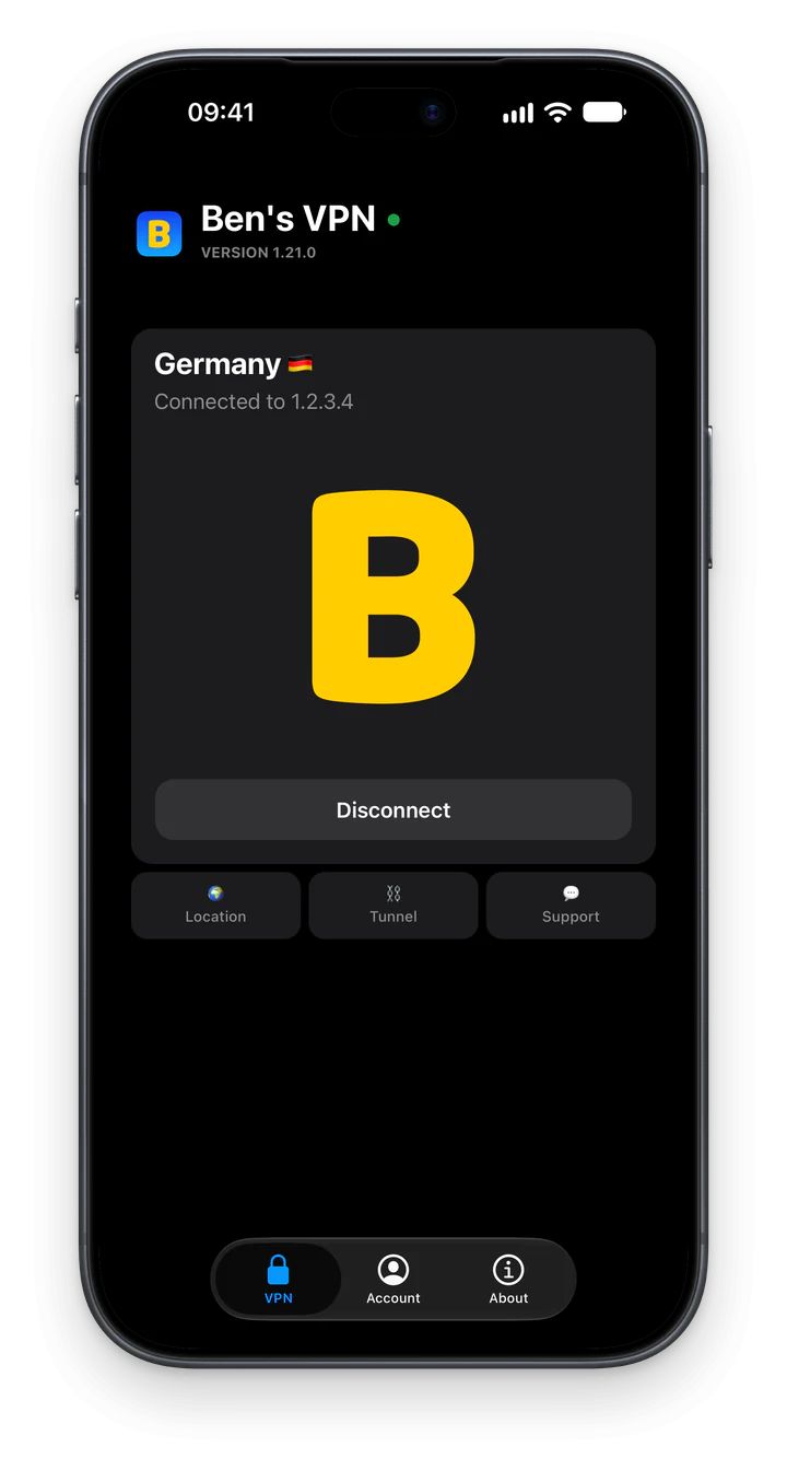 iPhone screen: Ben's VPN connected to Germany, with the B button and Disconnect